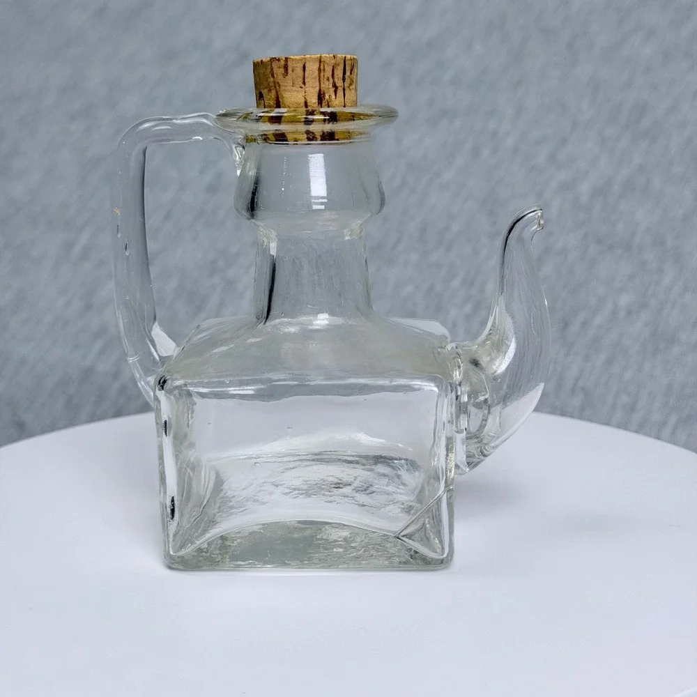 Vintage Handblown Clear Glass Square Teapot Cruet Oil Vinegar Dispenser Cork